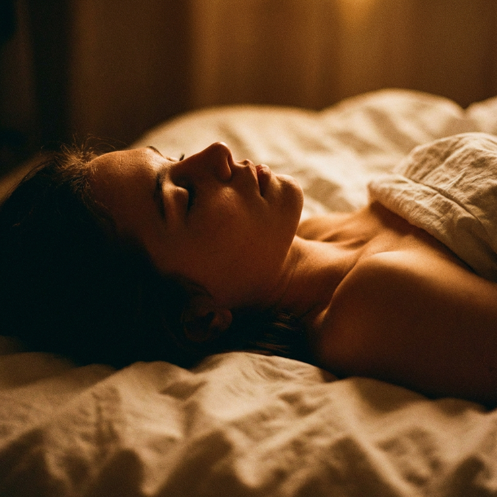 Person sleeping peacefully on linen, warm amber light
